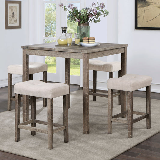 Square distressed wood dining table with four tufted beige counter stools