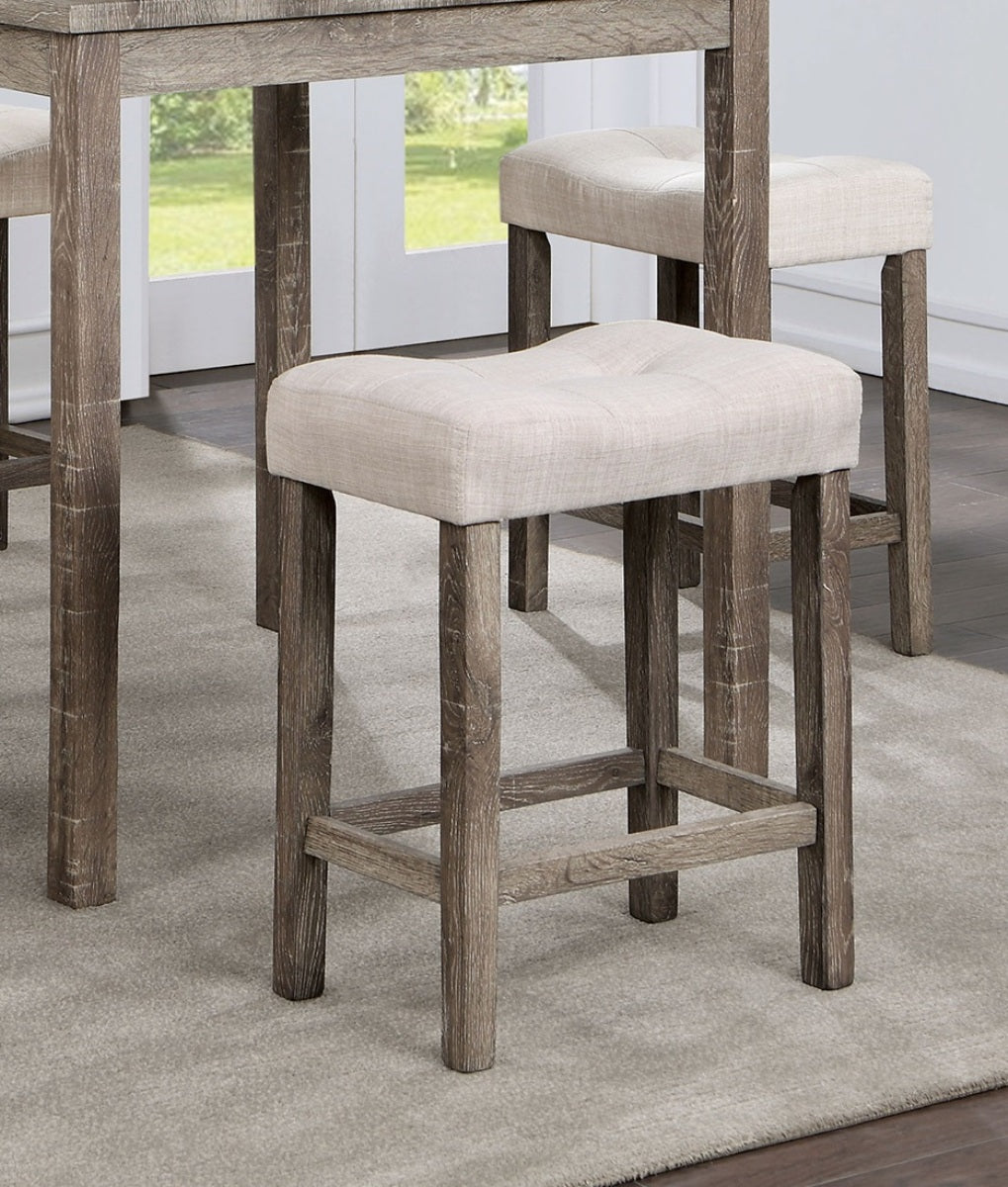 Tufted beige fabric bar stool with weathered oak wood legs