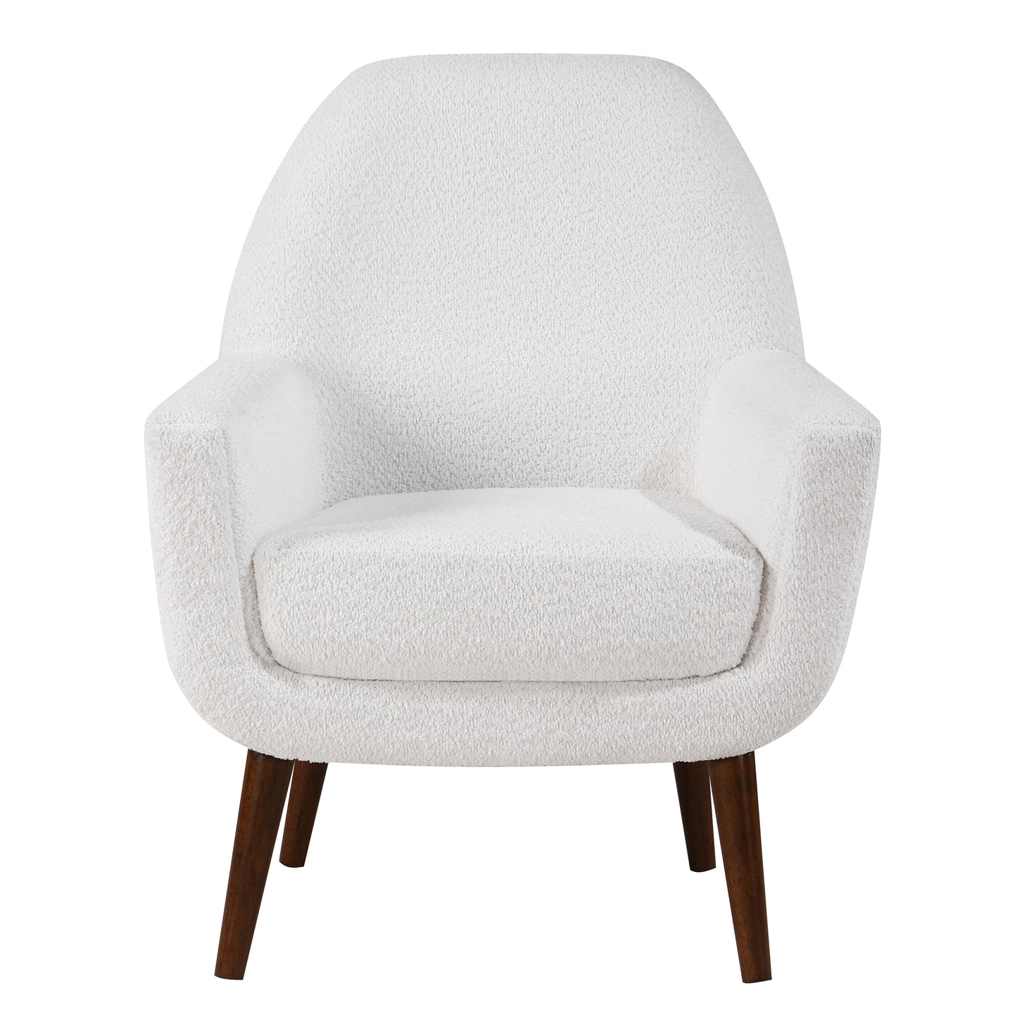 Plush white boucle armchair with dark wood legs perfect for cozy reading nooks
