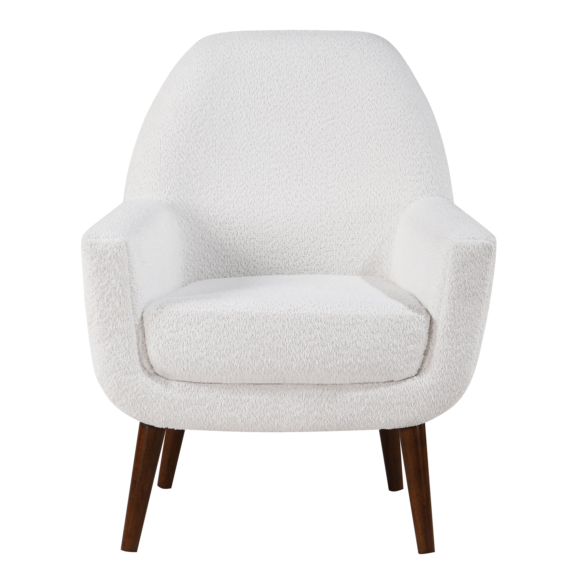 Plush white boucle armchair with dark wood legs perfect for cozy reading nooks