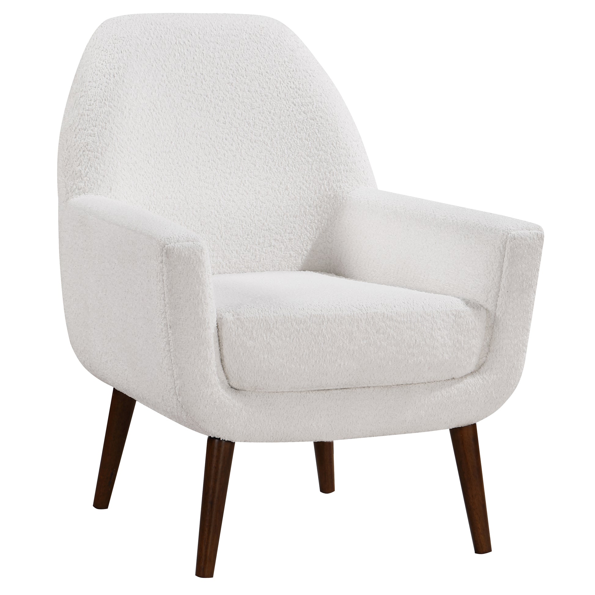 Plush white boucle armchair with dark wood legs for cozy living room seating