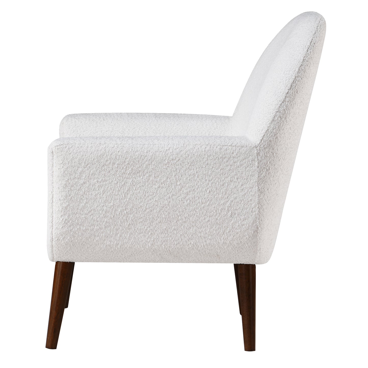 Cozy white boucle accent chair with tapered wooden legs perfect for living rooms