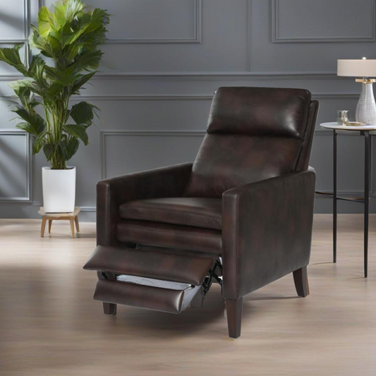 Dark brown leather recliner chair with padded headrest and footrest perfect for living rooms