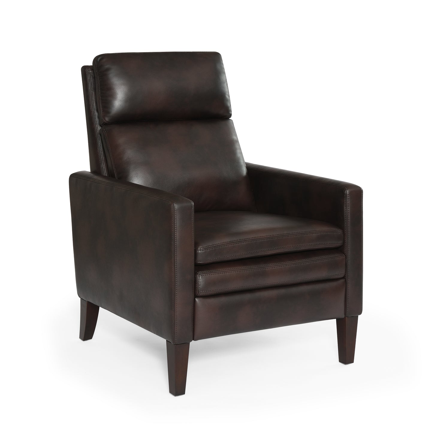 Dark brown leather recliner chair with padded headrest and wooden legs perfect for living room comfort