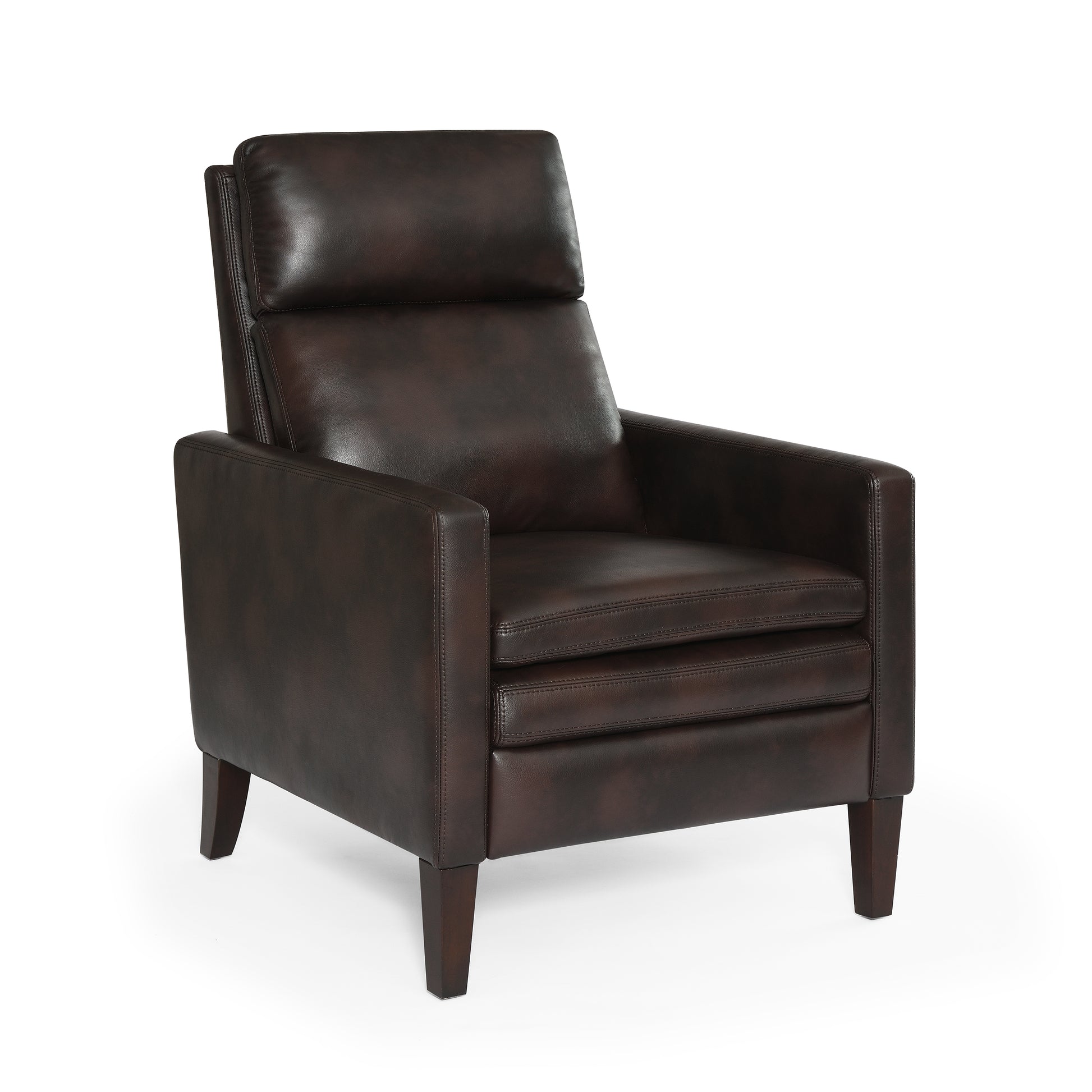 Dark brown leather recliner chair with padded headrest and wooden legs perfect for living room comfort