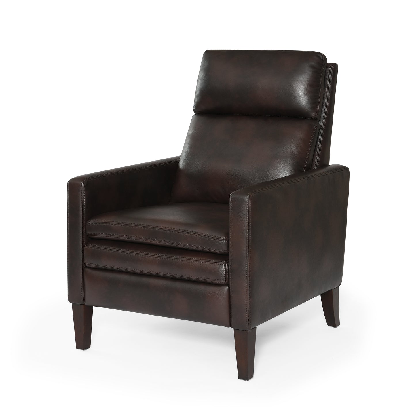 Dark brown leather recliner chair with padded headrest and stitched seat cushions