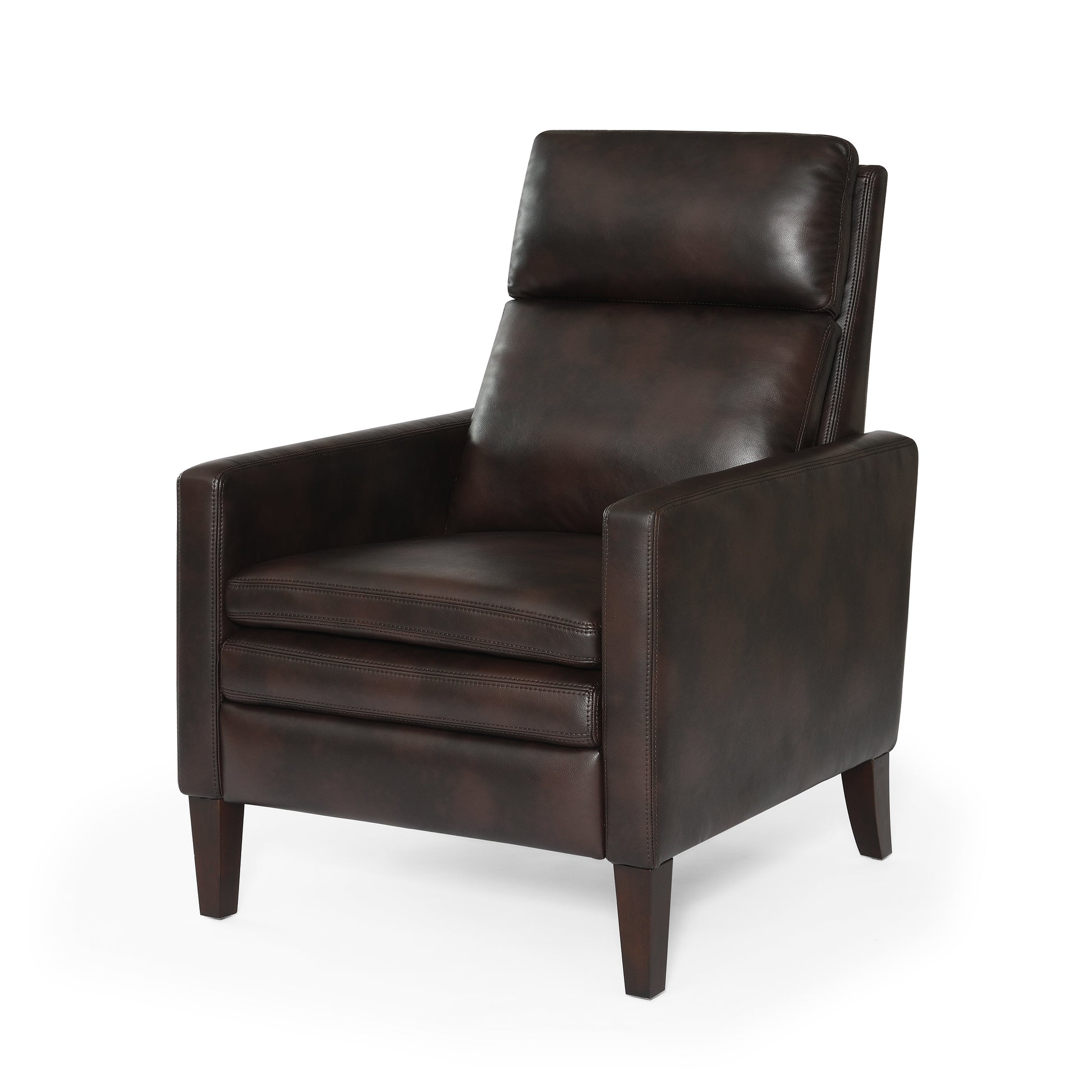 Dark brown leather recliner chair with padded headrest and stitched seat cushions