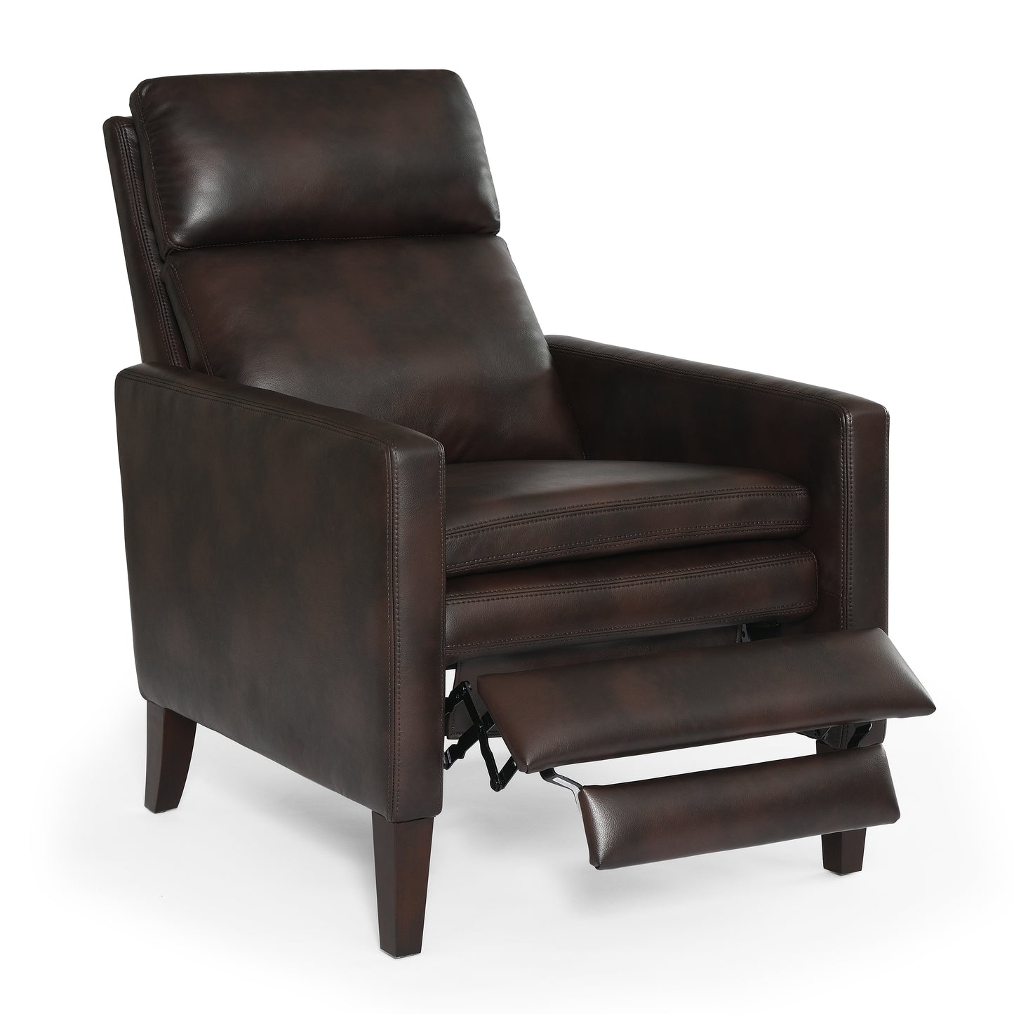 Dark brown leather recliner chair with padded headrest and extended footrest
