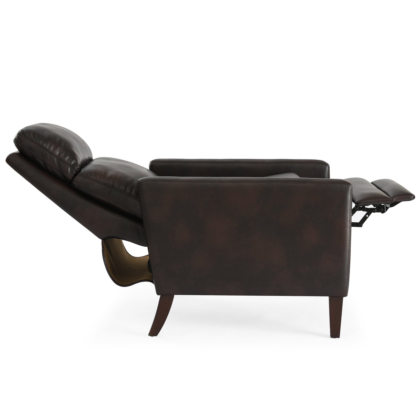Dark brown leather recliner chair with extended footrest side view elegant design