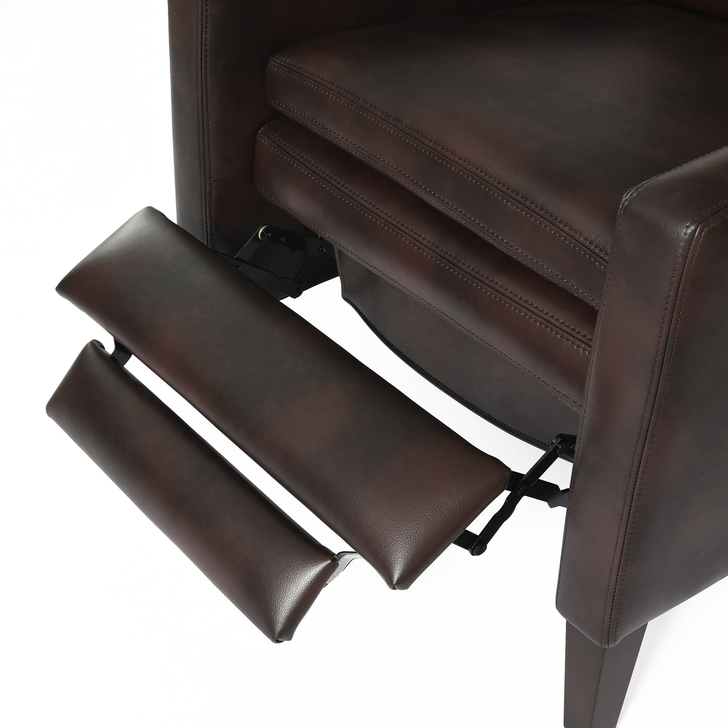 Closeup of brown leather recliner with extended footrest showing stitching detail