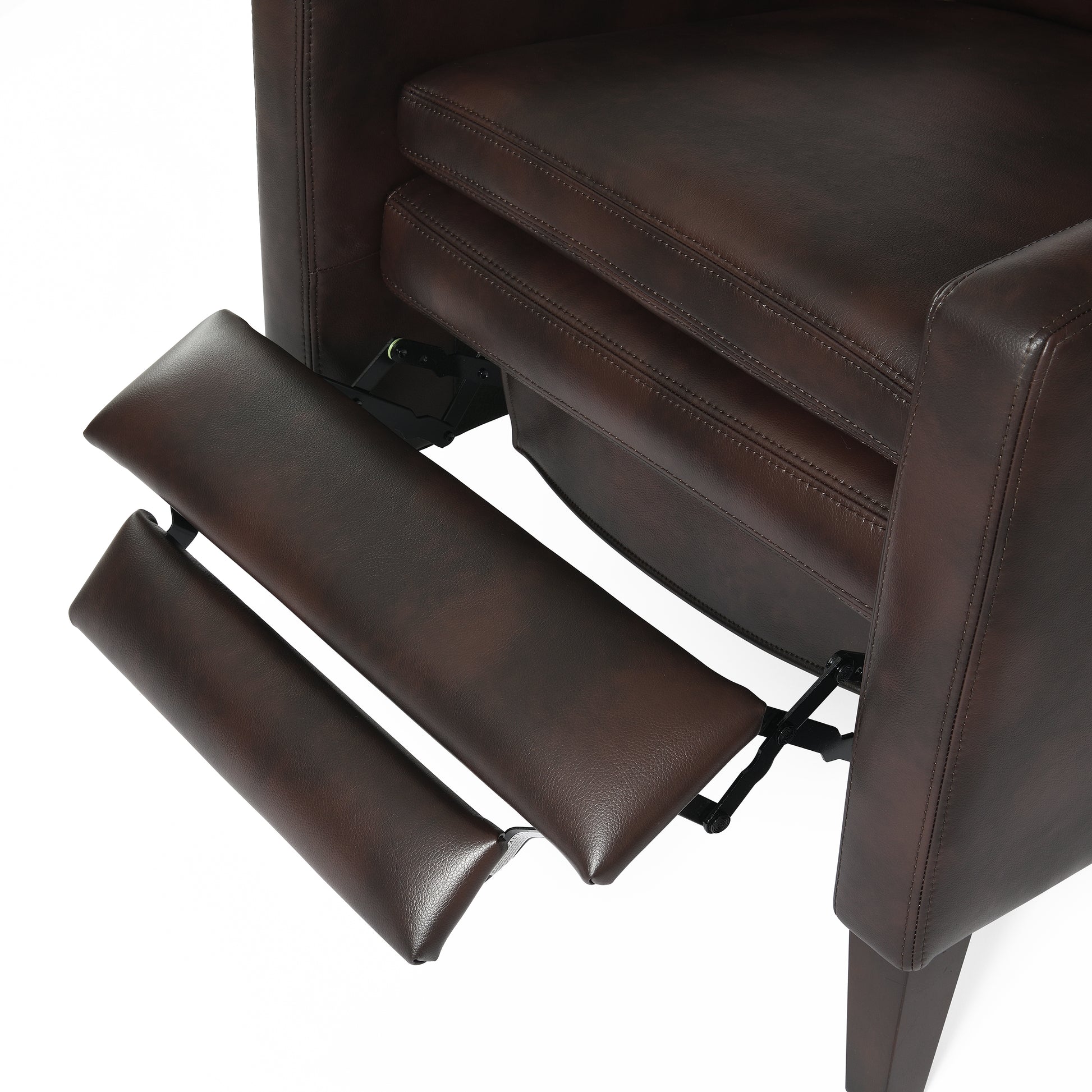Closeup of brown leather recliner with extended footrest showing stitching detail