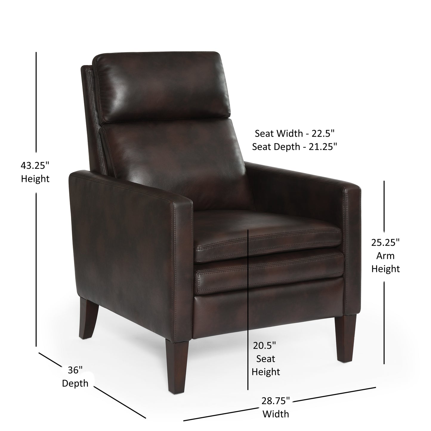 Rich brown leather recliner chair with detailed stitching and padded armrests