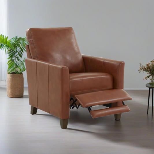 Luxurious brown leather recliner chair with extended footrest classic design