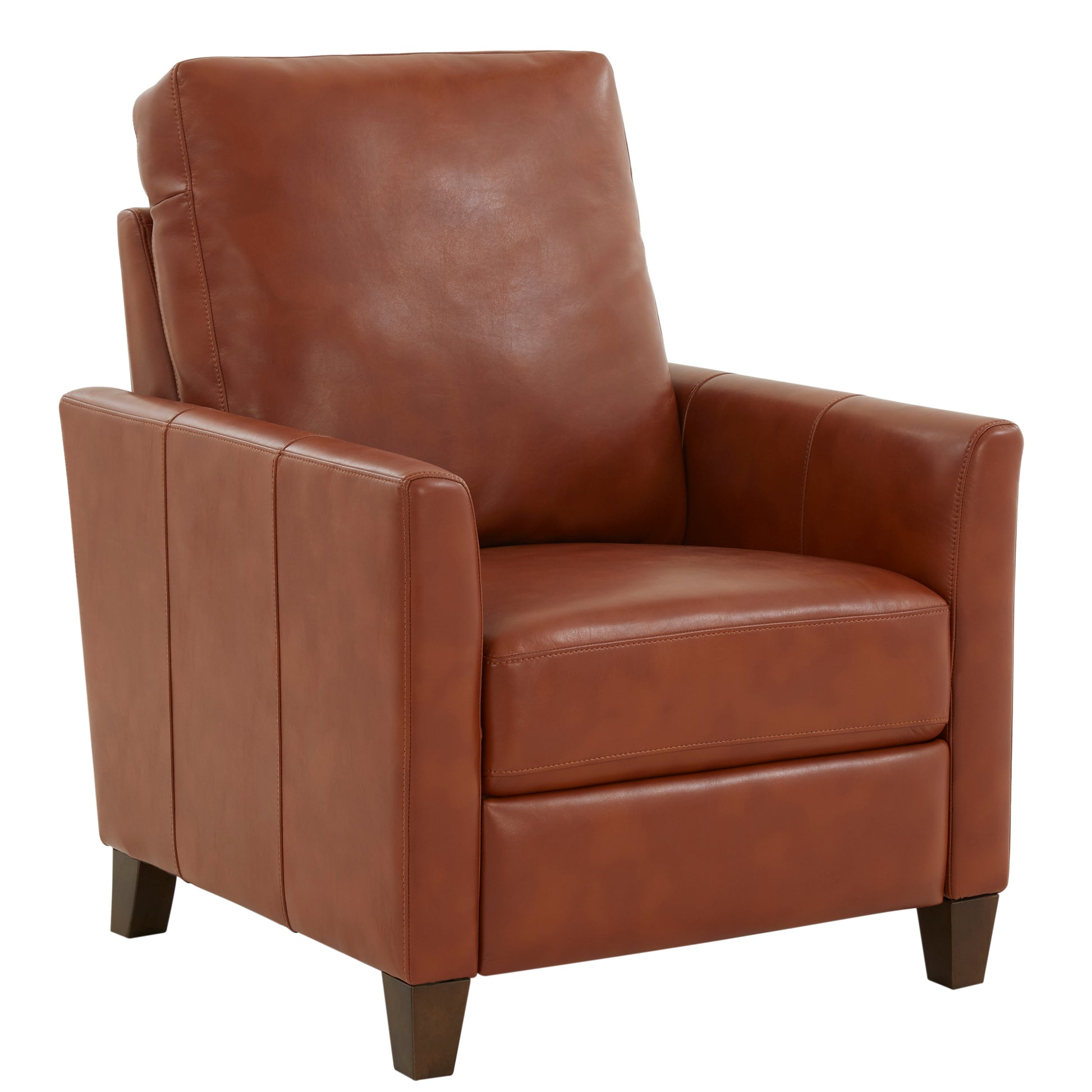 Brown leather recliner chair with padded headrest and armrests perfect for living rooms