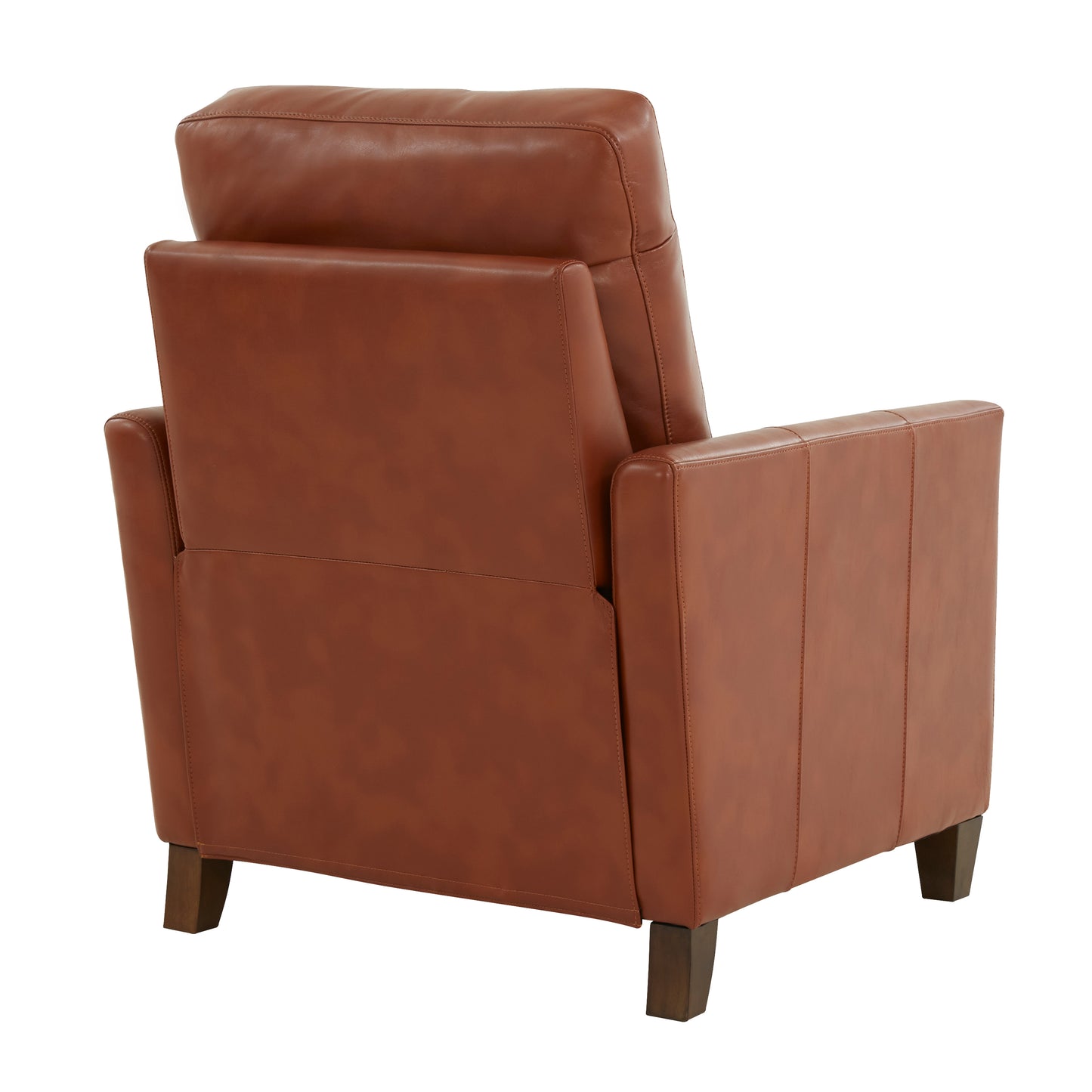 Brown leather recliner chair with stitched detailing and wooden legs