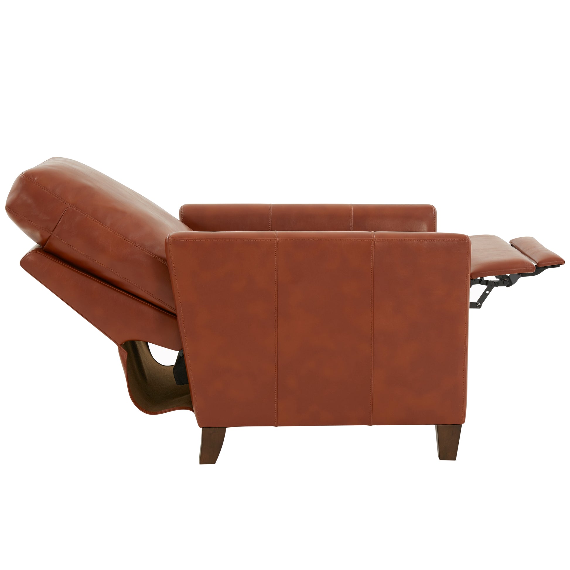 Tan leather recliner chair with a reclined footrest and extended leg support