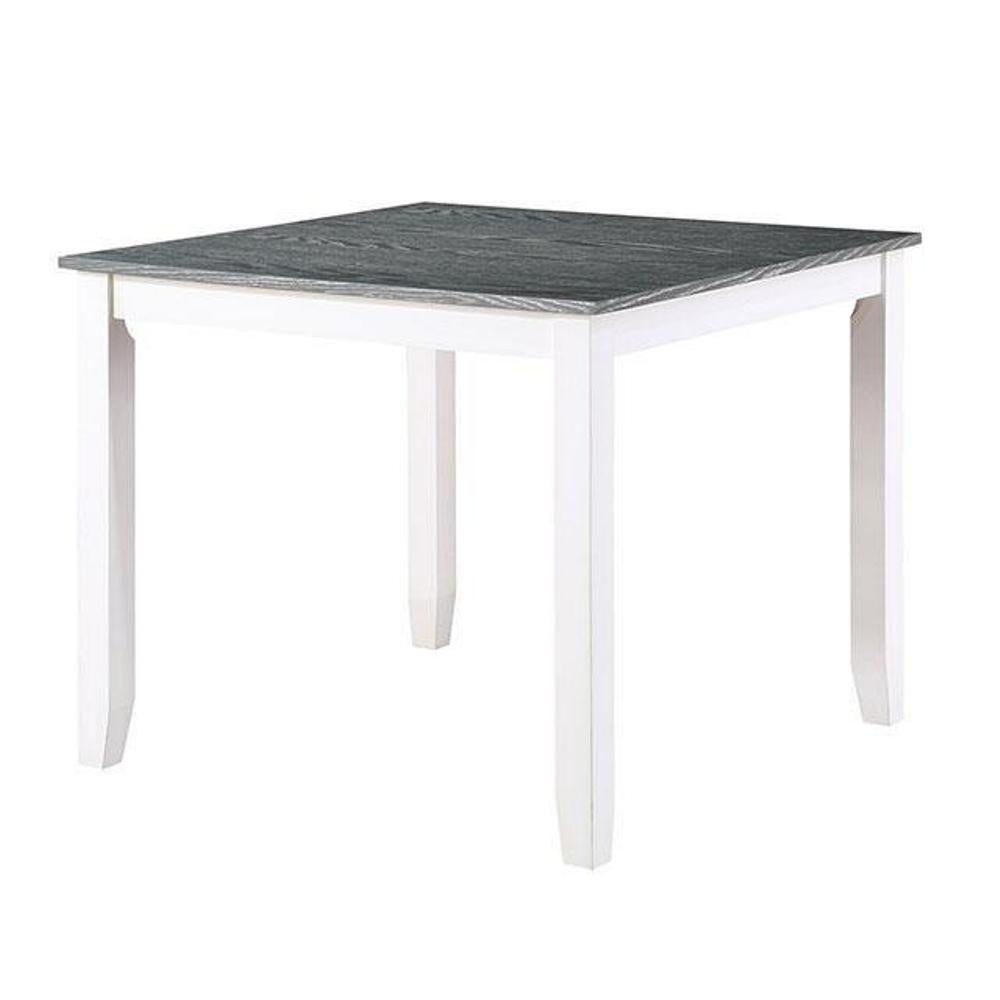 Square dining table with white legs and a grey woodgrain top