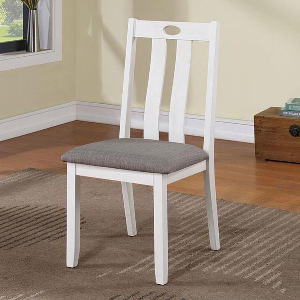 White wooden dining chair with grey fabric seat and oval cutout back