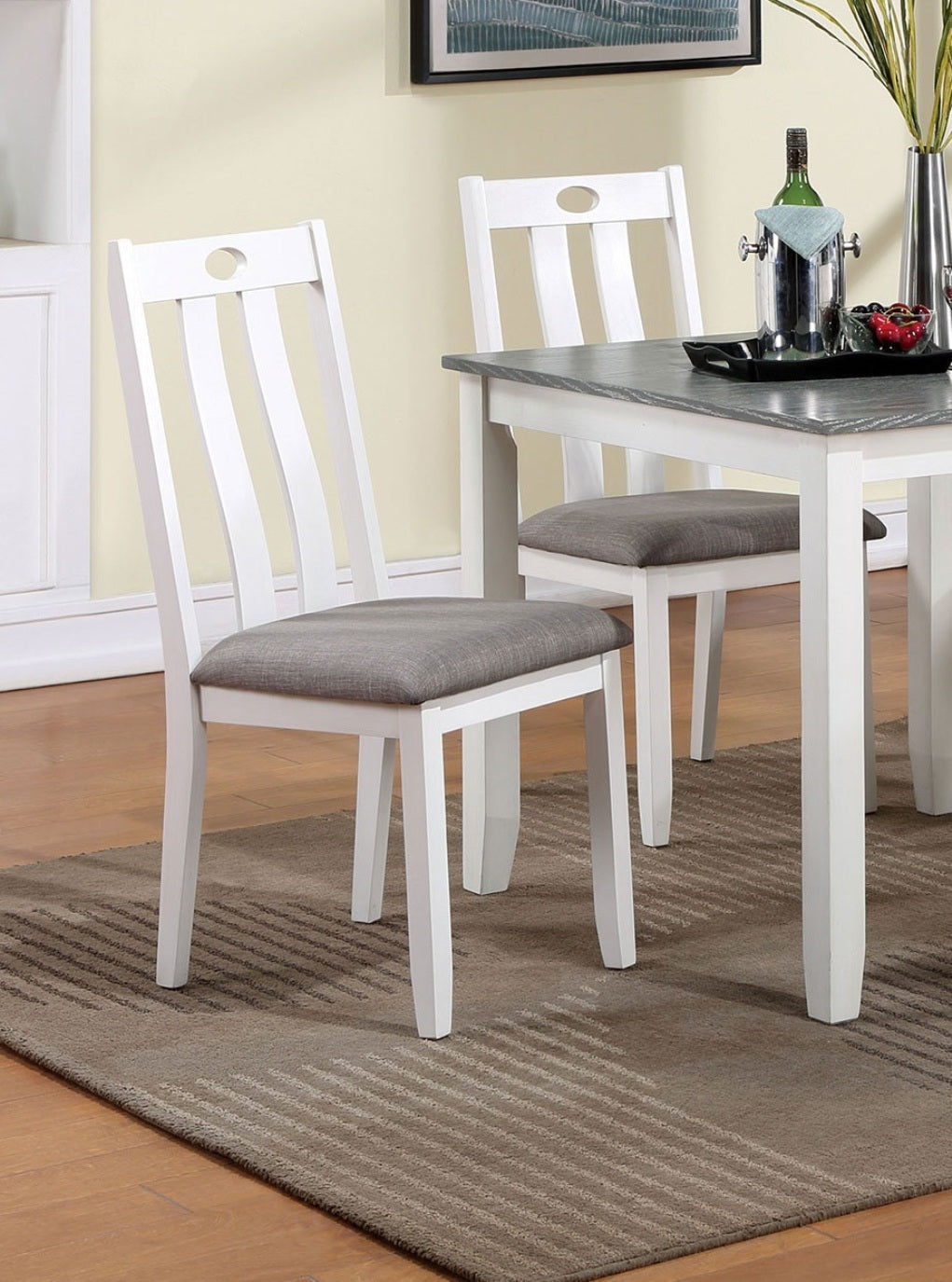 White slat back dining chair with grey upholstered seat