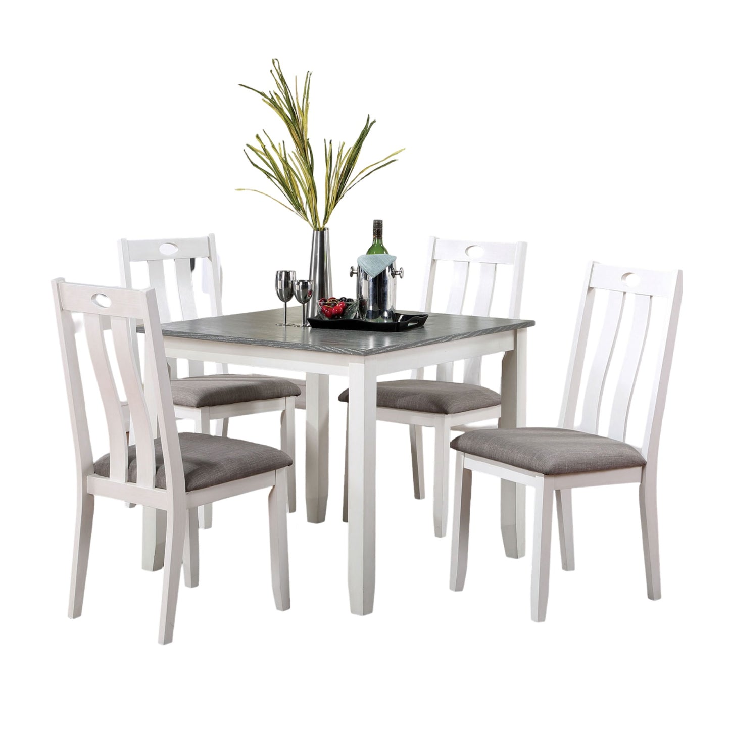 White wooden dining set with grey cushioned seats and a square table