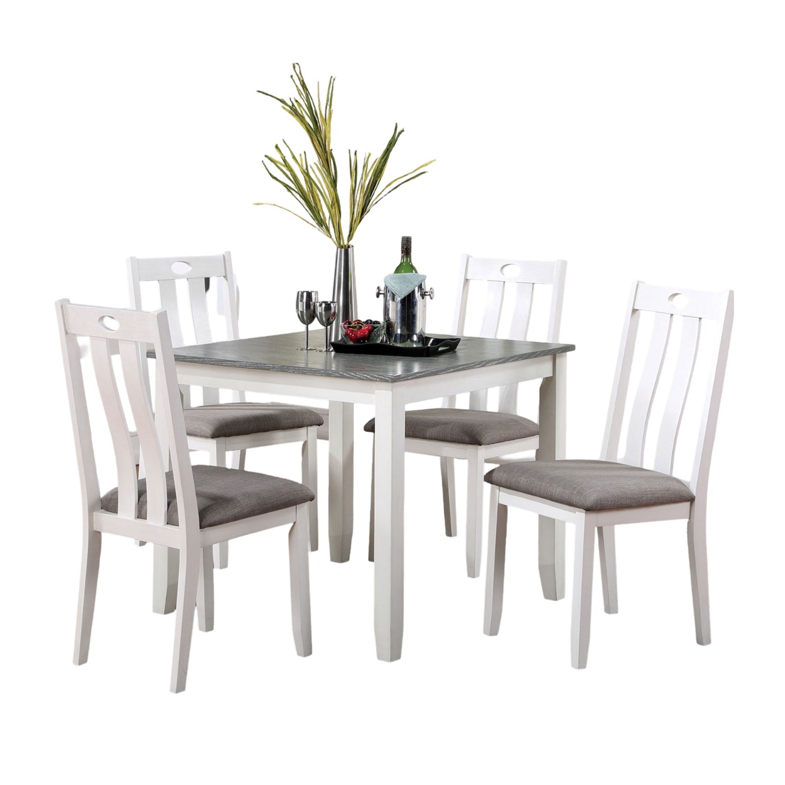 White wooden dining set with grey cushioned seats and a square table