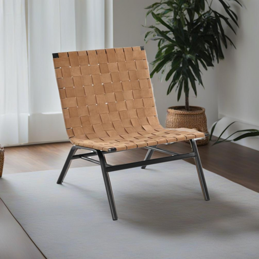 Tan woven leather accent chair with black metal frame perfect for modern living rooms