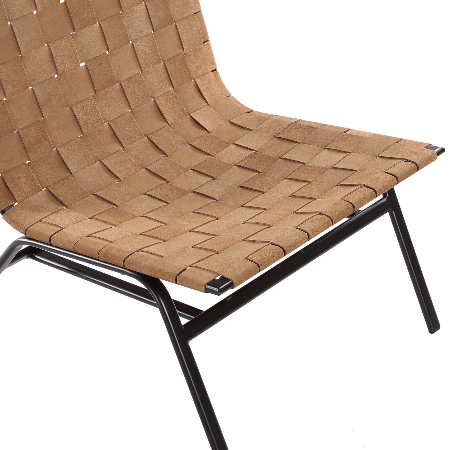 Tan leather woven accent chair with black metal frame