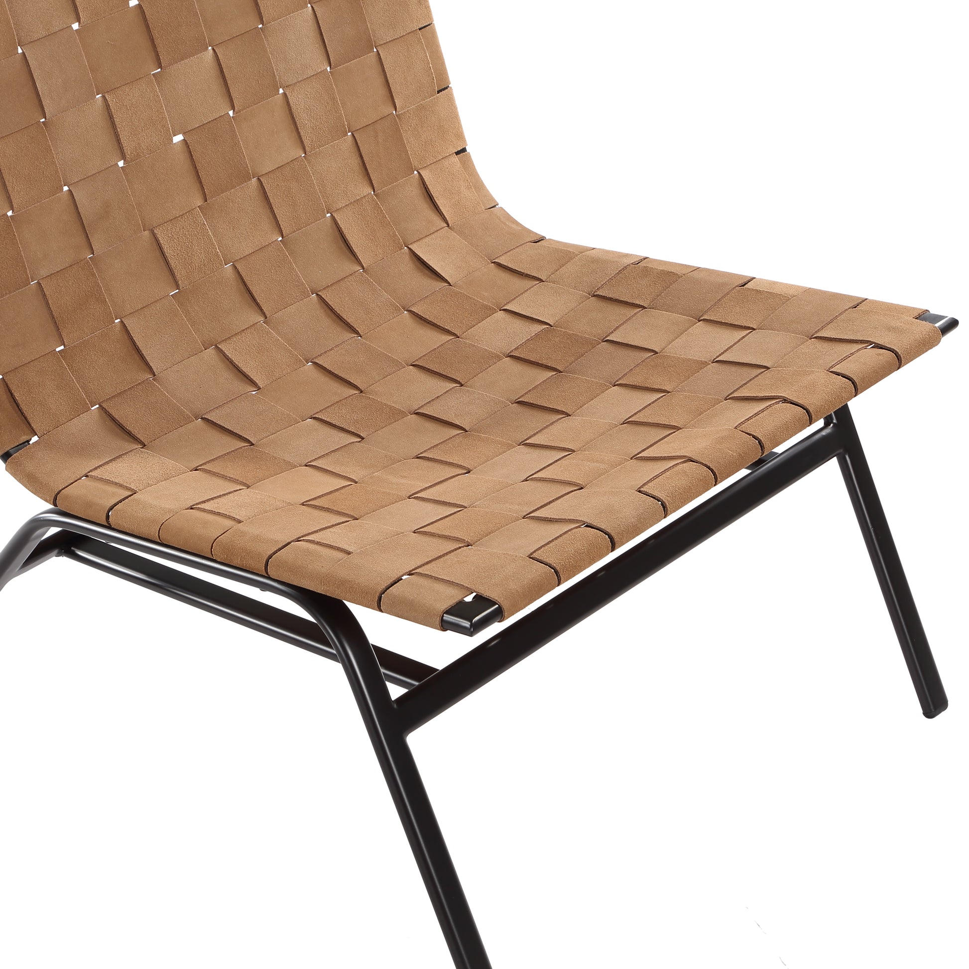 Tan leather woven accent chair with black metal frame