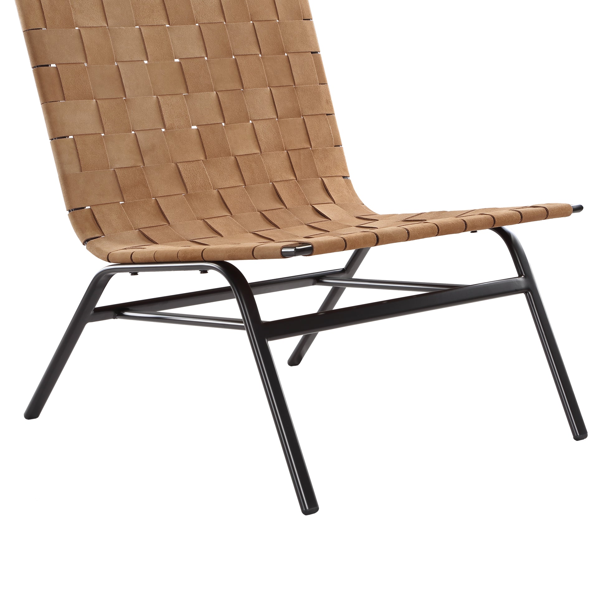 Tan woven leather accent chair with black metal frame