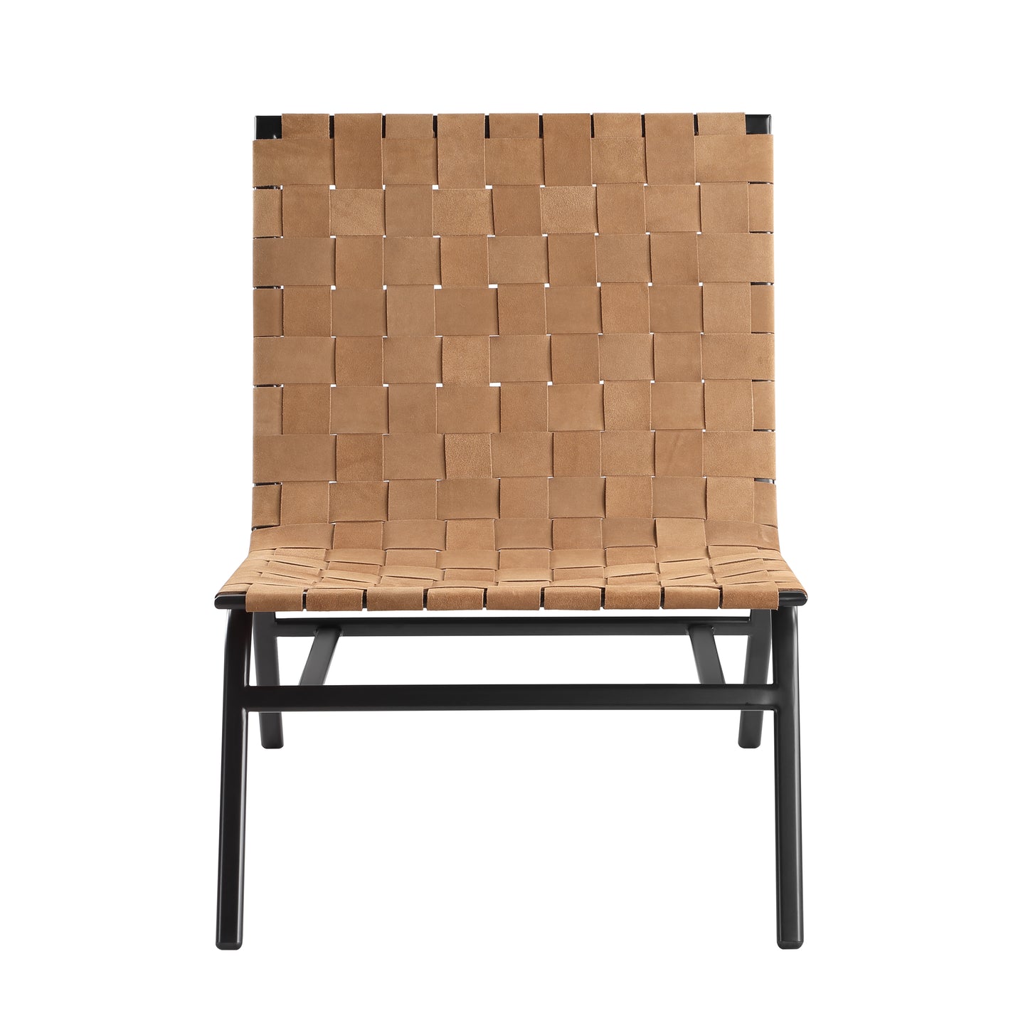 Modern tan leather woven accent chair with black metal frame