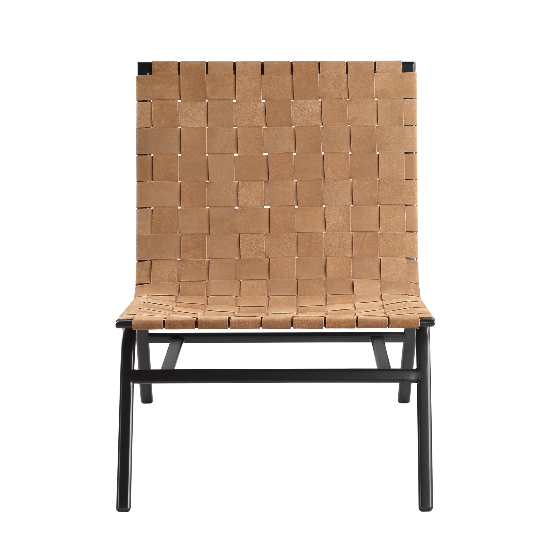 Modern tan leather woven accent chair with black metal frame