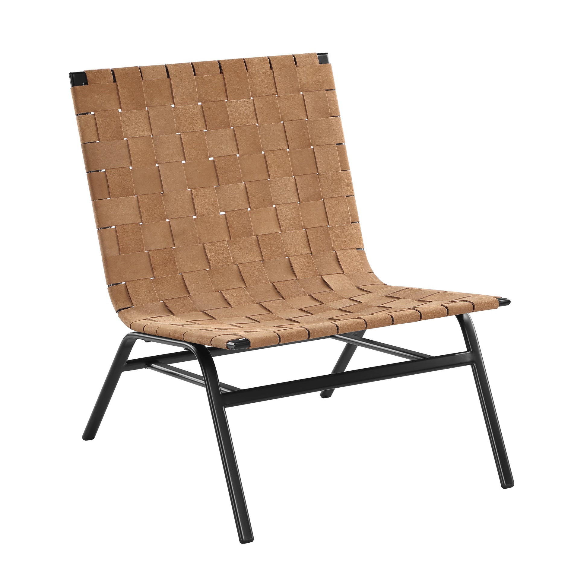 Tan woven leather accent chair with black metal frame modern design
