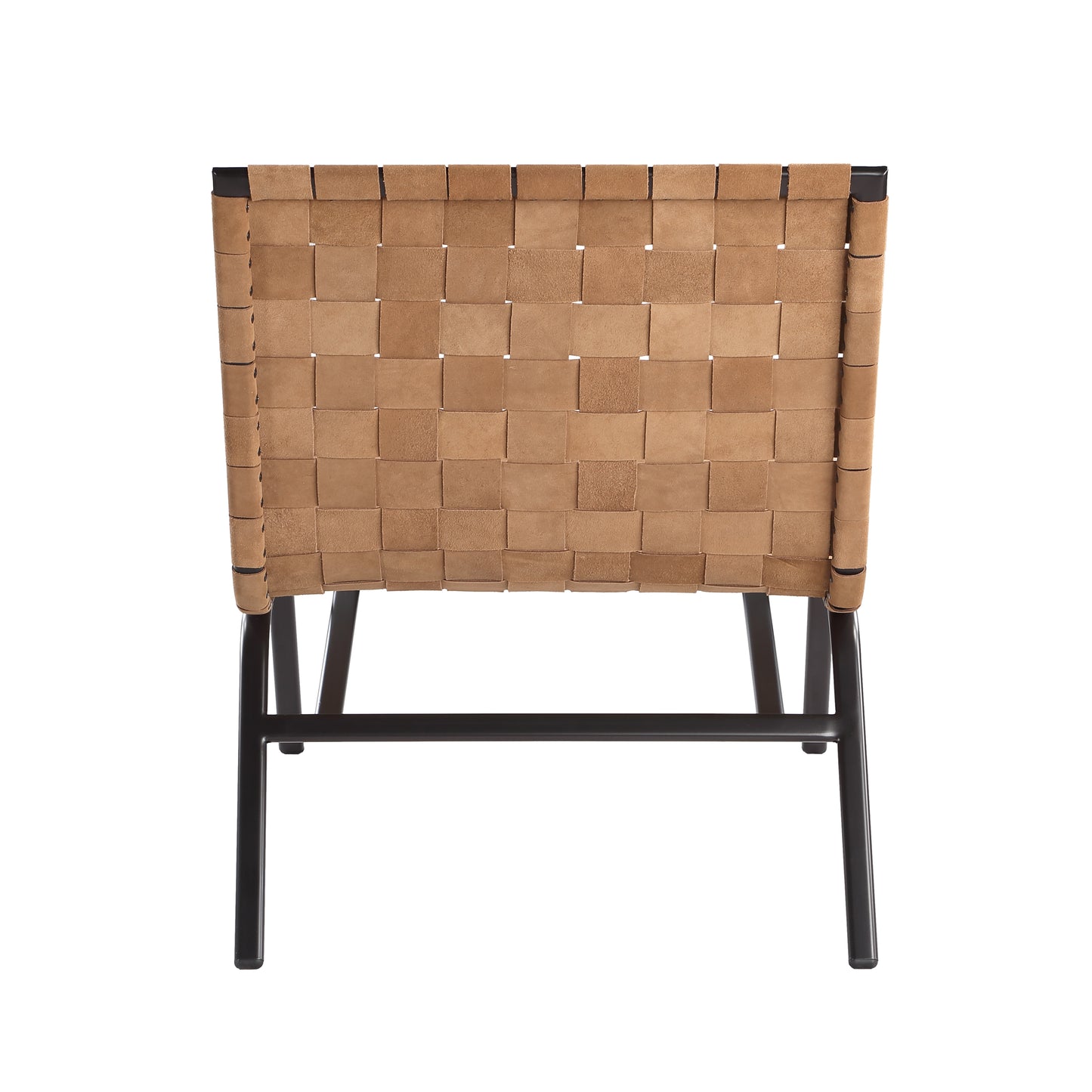 Woven tan leather accent chair with black metal legs