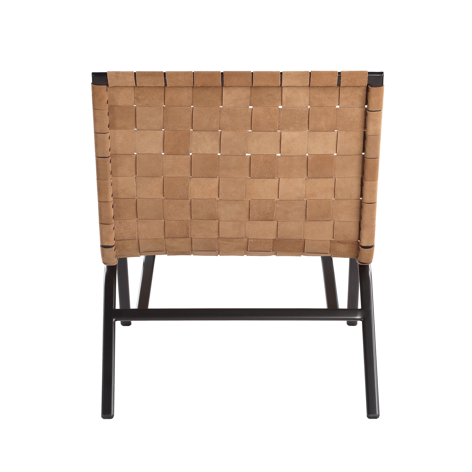 Woven tan leather accent chair with black metal legs