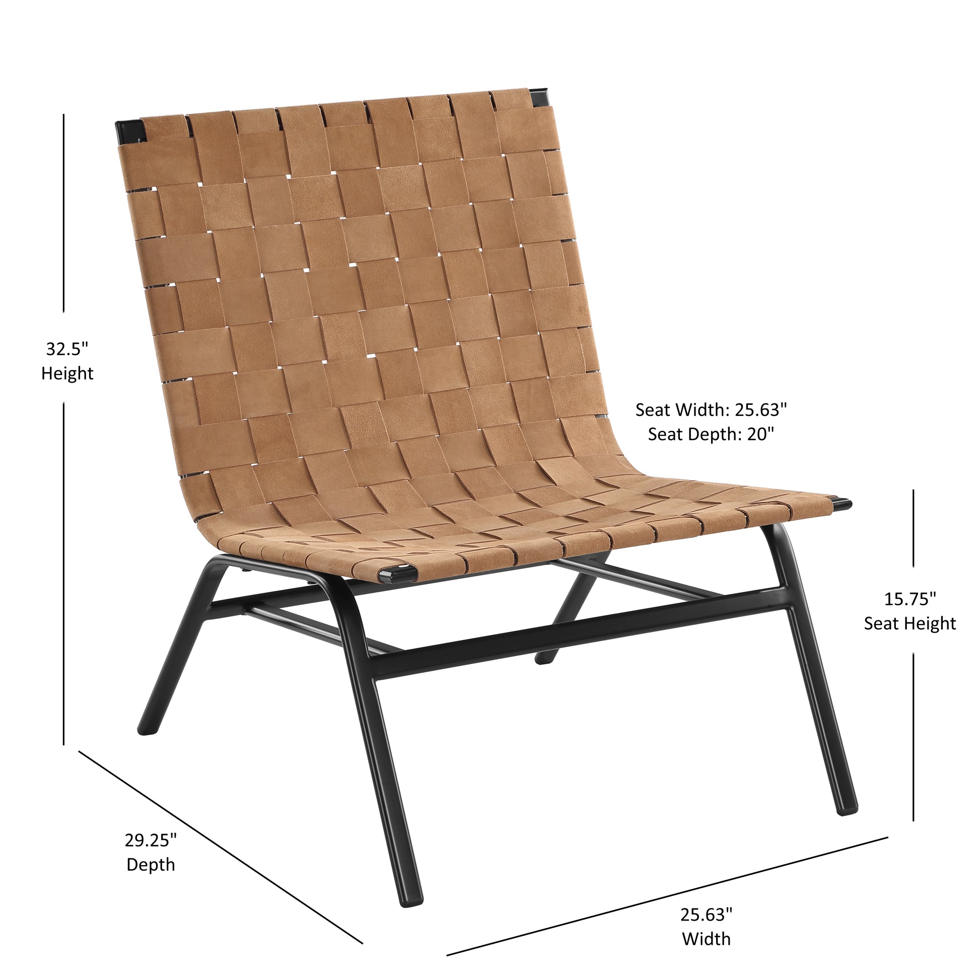 Tan woven leather lounge chair with a black metal frame featuring a modern minimalist design for any living space
