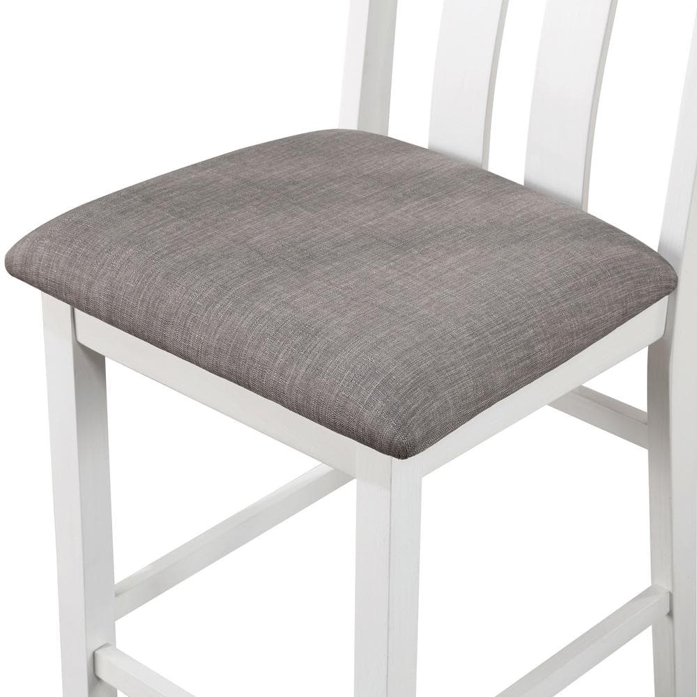 White wooden bar stool with grey linen upholstered seat