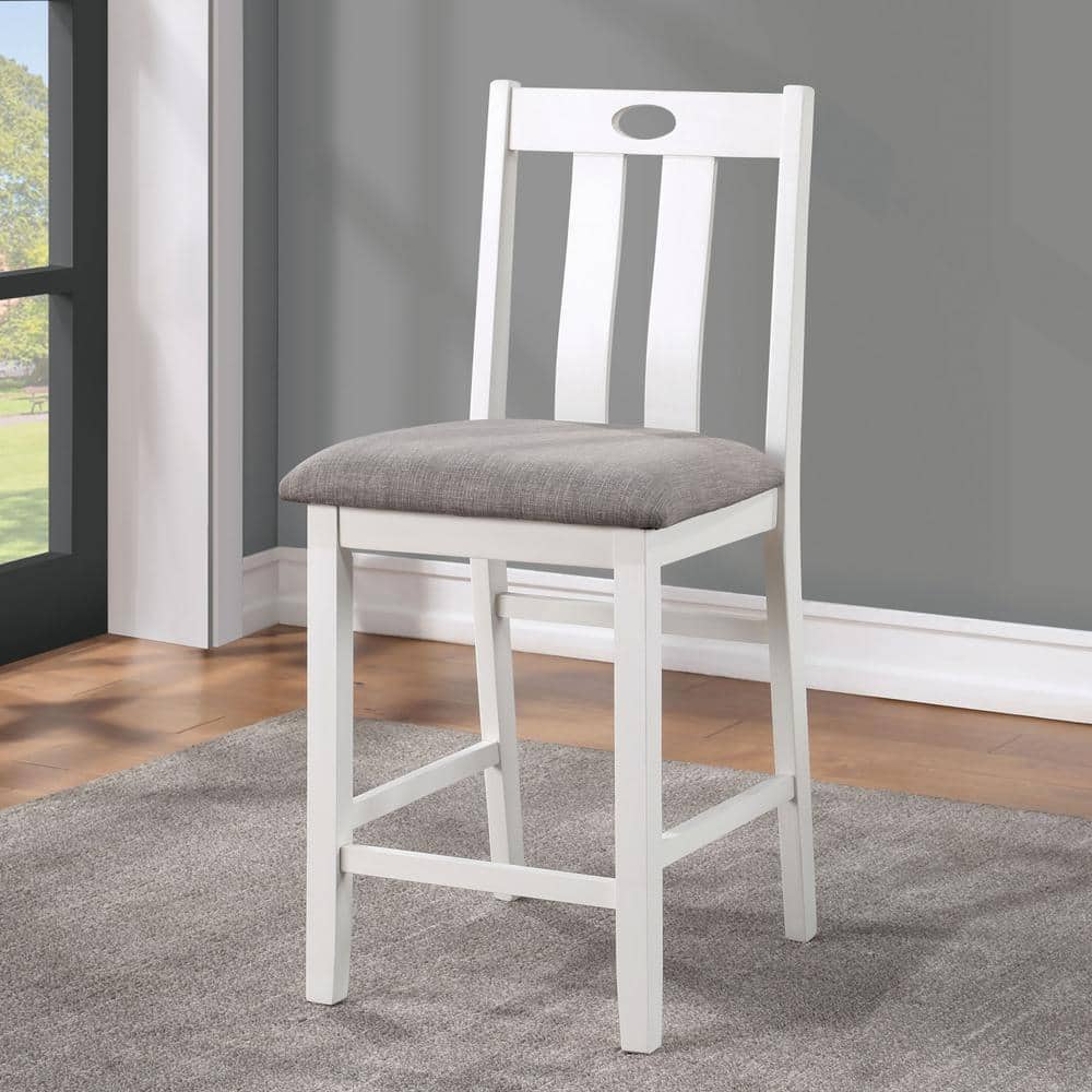 White wooden bar stool with grey upholstered seat and slatted back