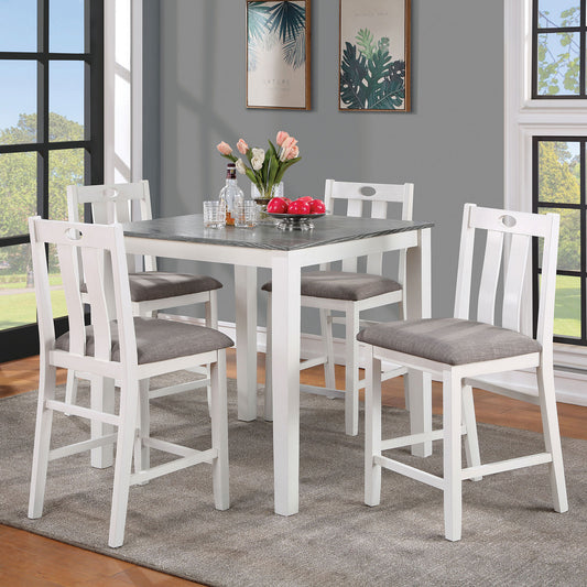 White wooden counterheight dining set with slate gray table and upholstered seats