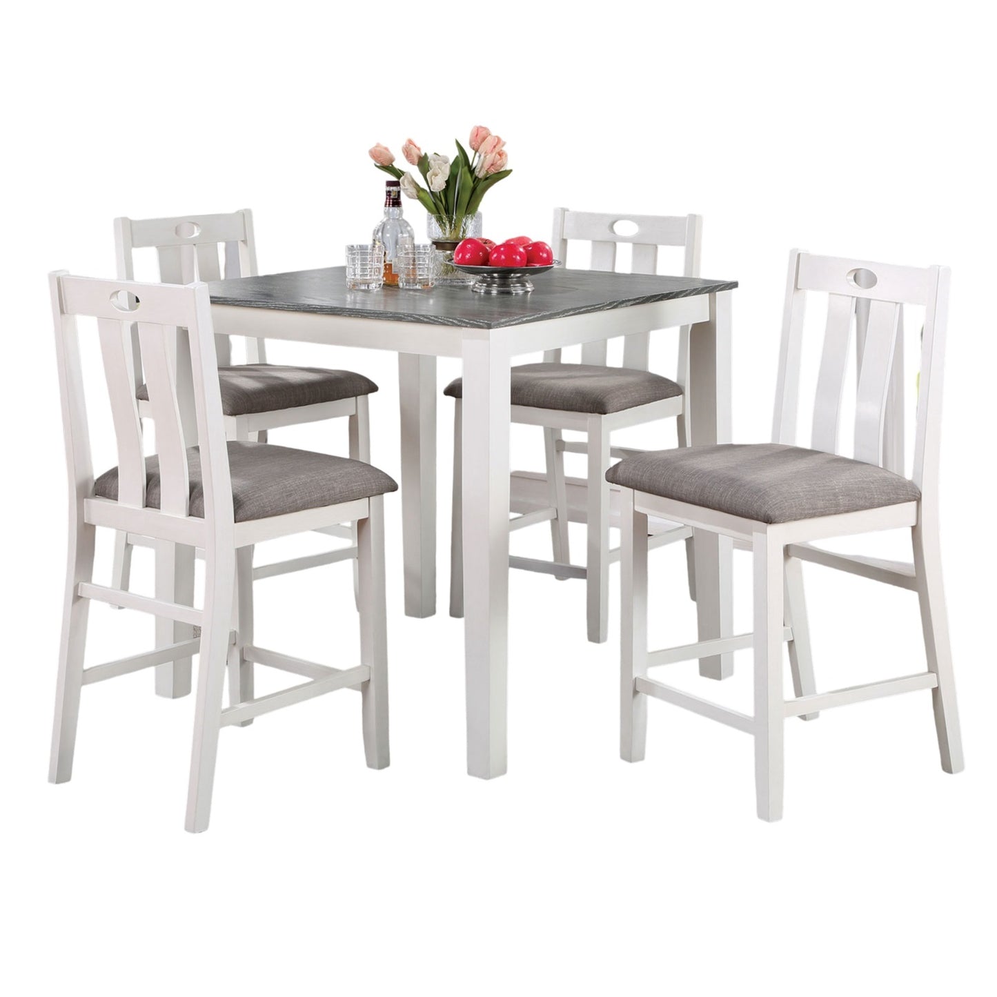 White wooden bar stool with grey upholstered seat accenting a small dining table