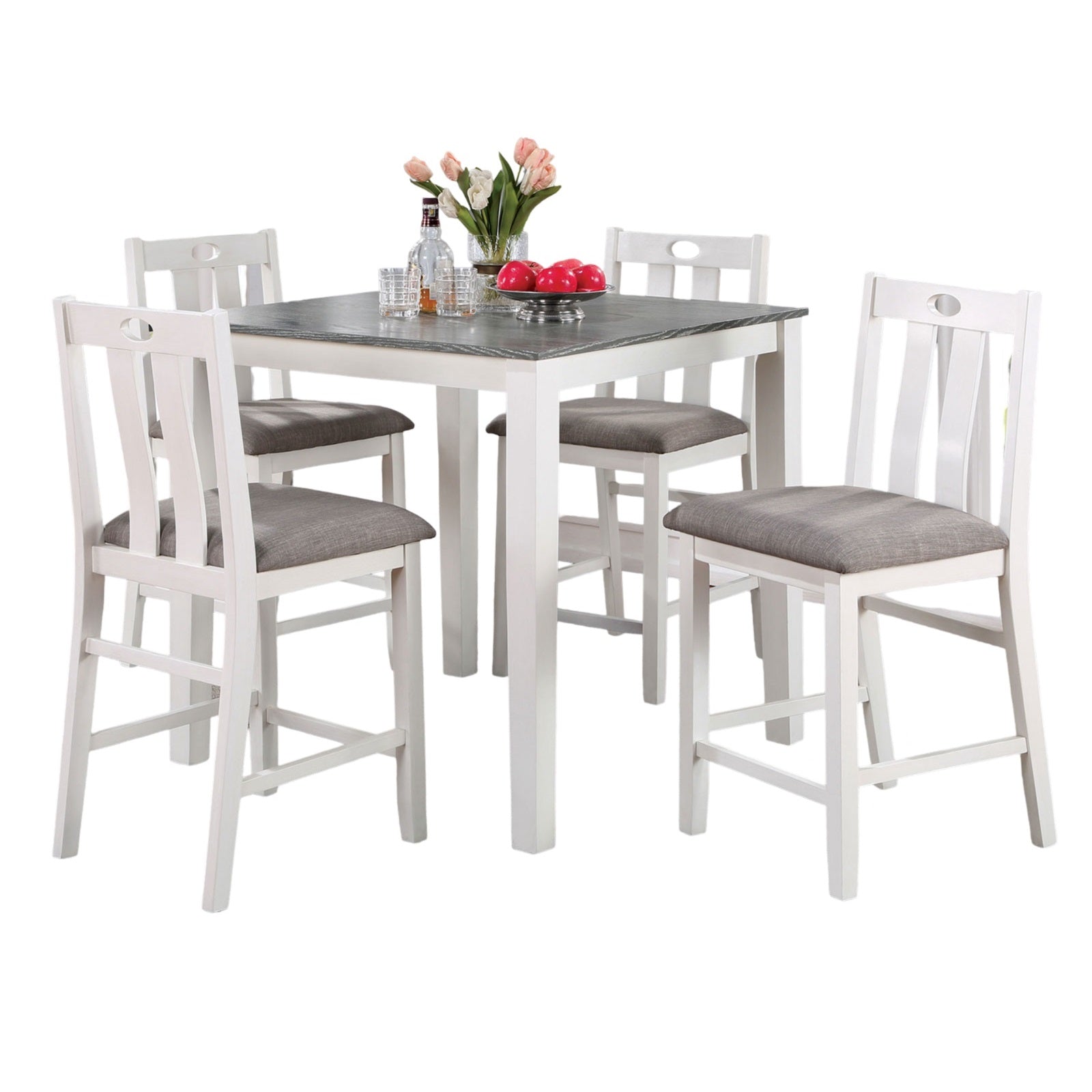 White wooden bar stool with grey upholstered seat accenting a small dining table