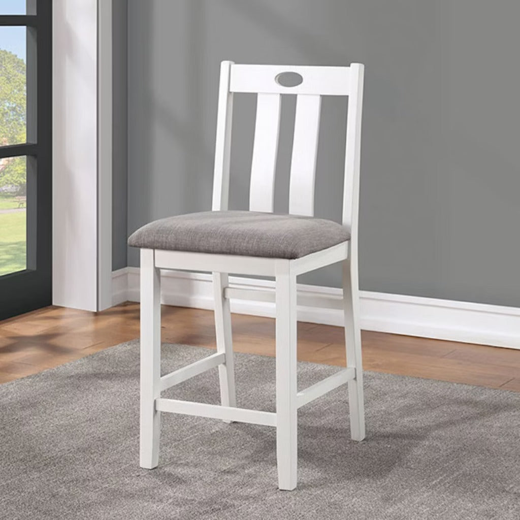 White wood counter height stool with grey upholstered seat and slatted backrest