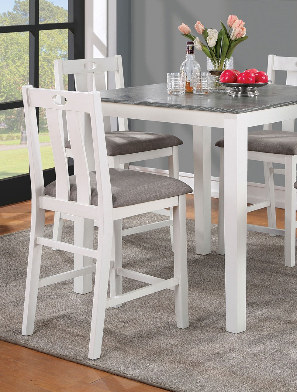 White wooden bar stool with gray upholstered seat and slatted back