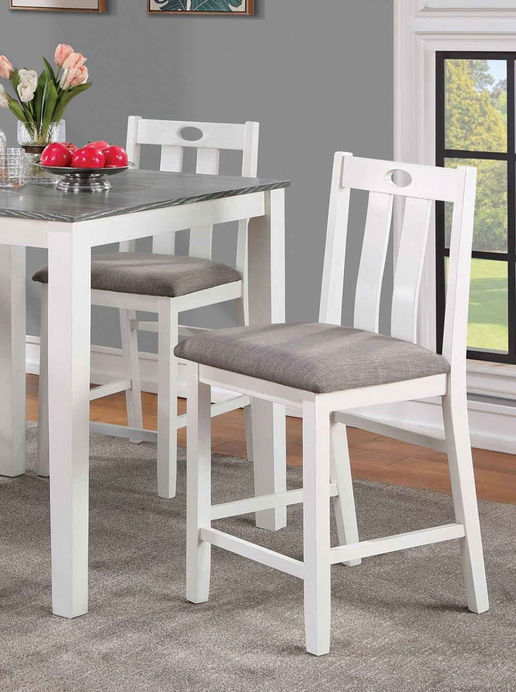 White wooden counter stool with upholstered grey seat and slatted back