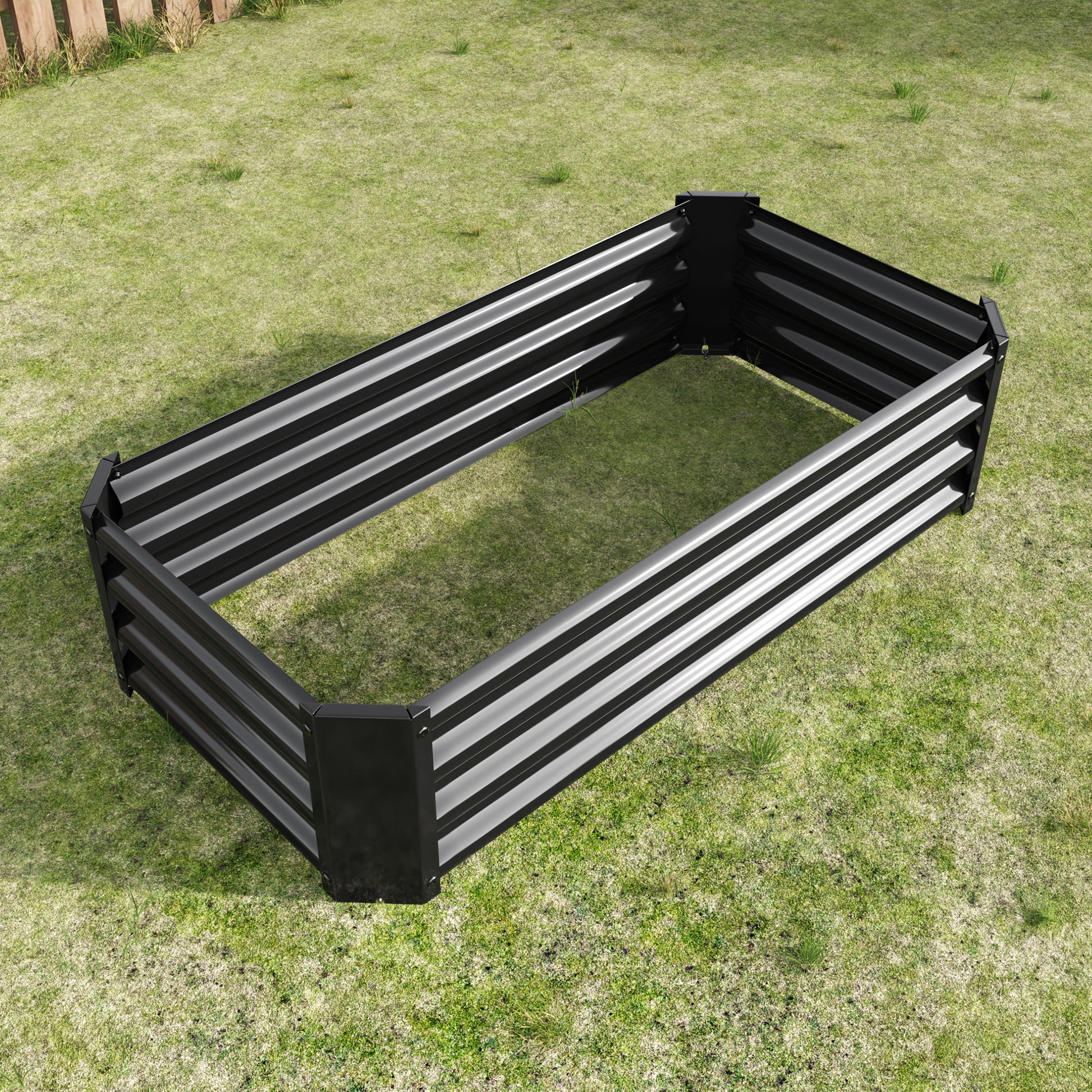 Black corrugated metal raised garden bed on grass easy assembly