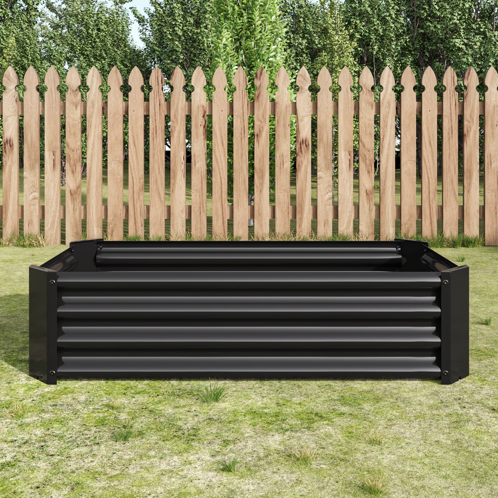 Black metal raised garden bed with corrugated texture ideal for growing vegetables