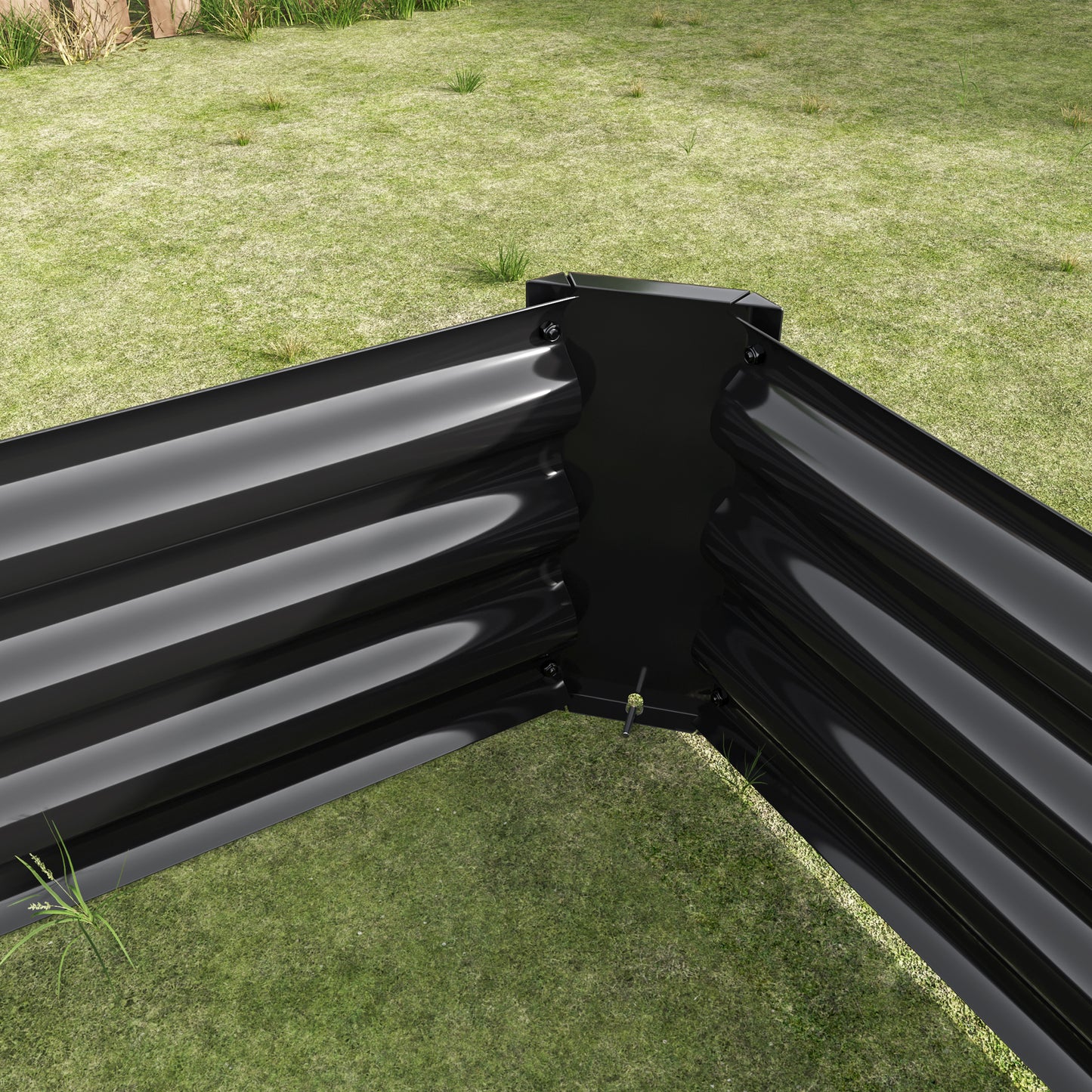 Black metal raised garden bed corner with corrugated sides ideal for backyard planting