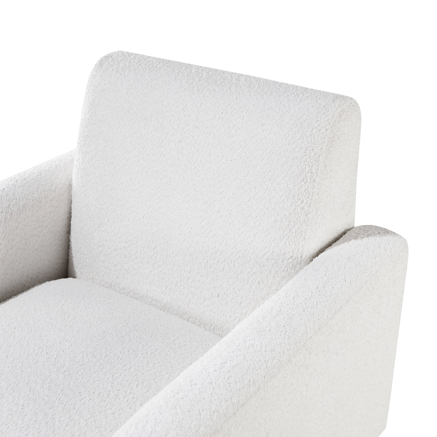 Closeup of a fluffy white boucl armchair highlighting the cozy texture and modern design