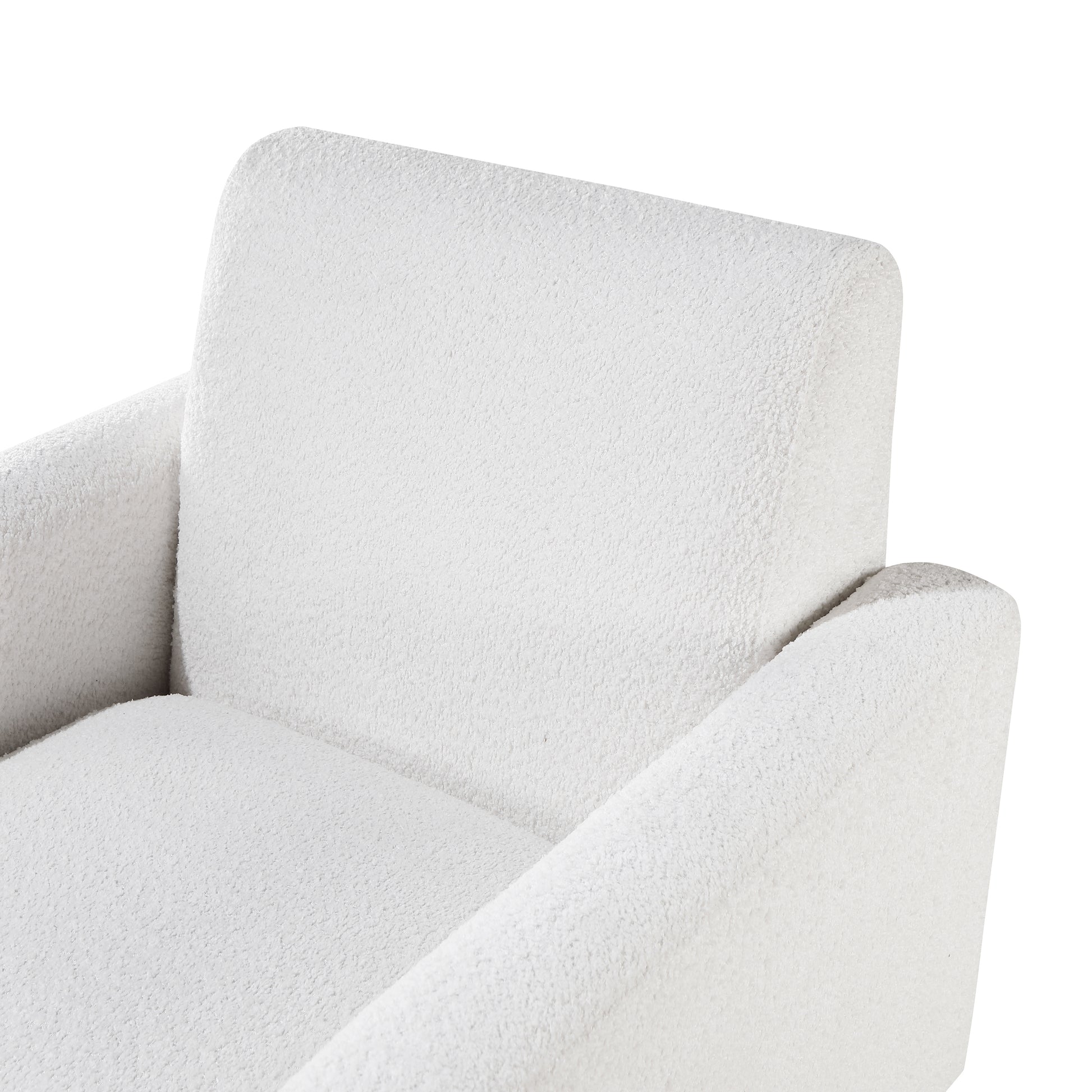 Closeup of a fluffy white boucl armchair highlighting the cozy texture and modern design