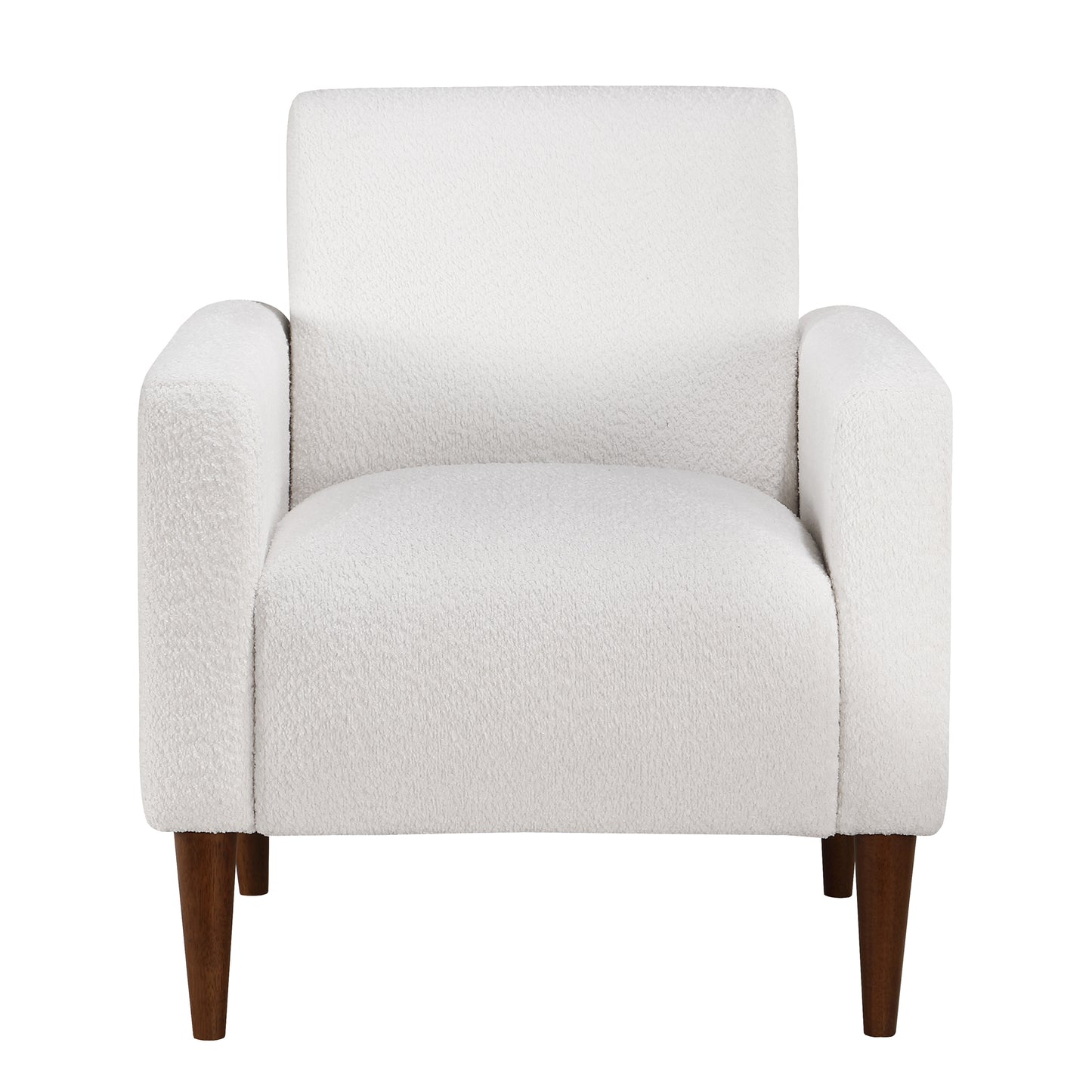 Cozy boucle accent chair in white featuring plush upholstery and tapered wooden legs for a modern living room