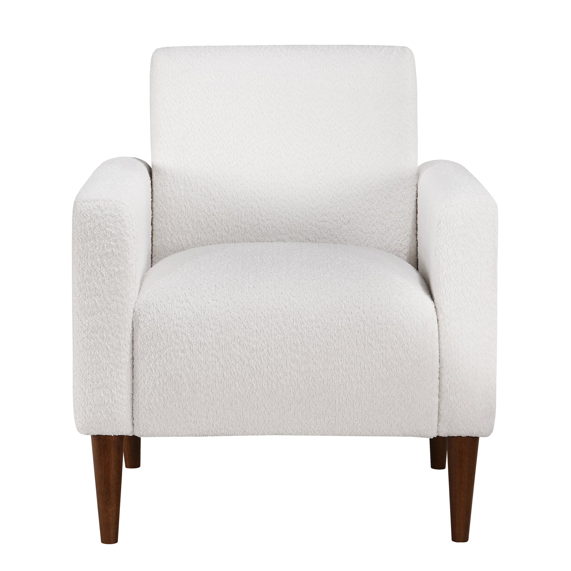 Cozy boucle accent chair in white featuring plush upholstery and tapered wooden legs for a modern living room